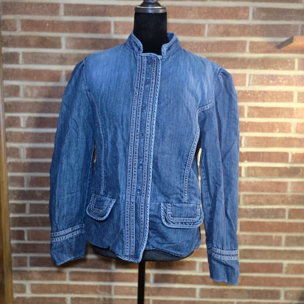 Vintage 2005 GAP Denim Peplum Jacket Pink Stitch Puff Sleeve Mandarin Collar